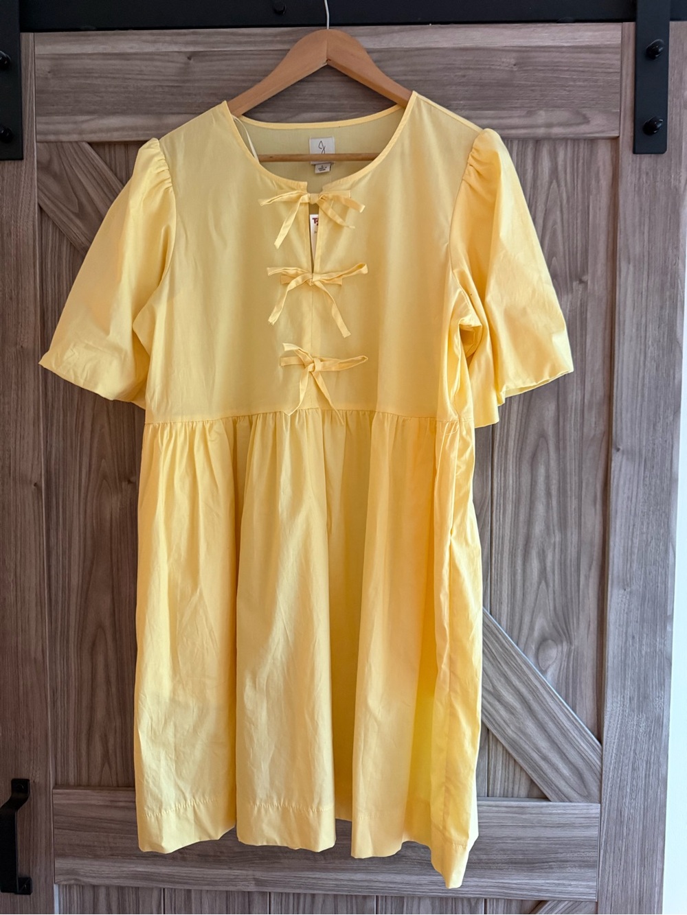 JOIE yellow solid puff short sleeve tie neck babydoll short dress ladies L